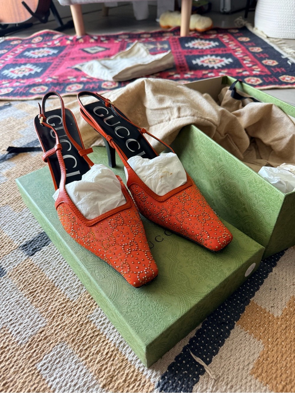 Gucci Orange Crystal-Studded Slingback Pumps - Picture 7 of 9